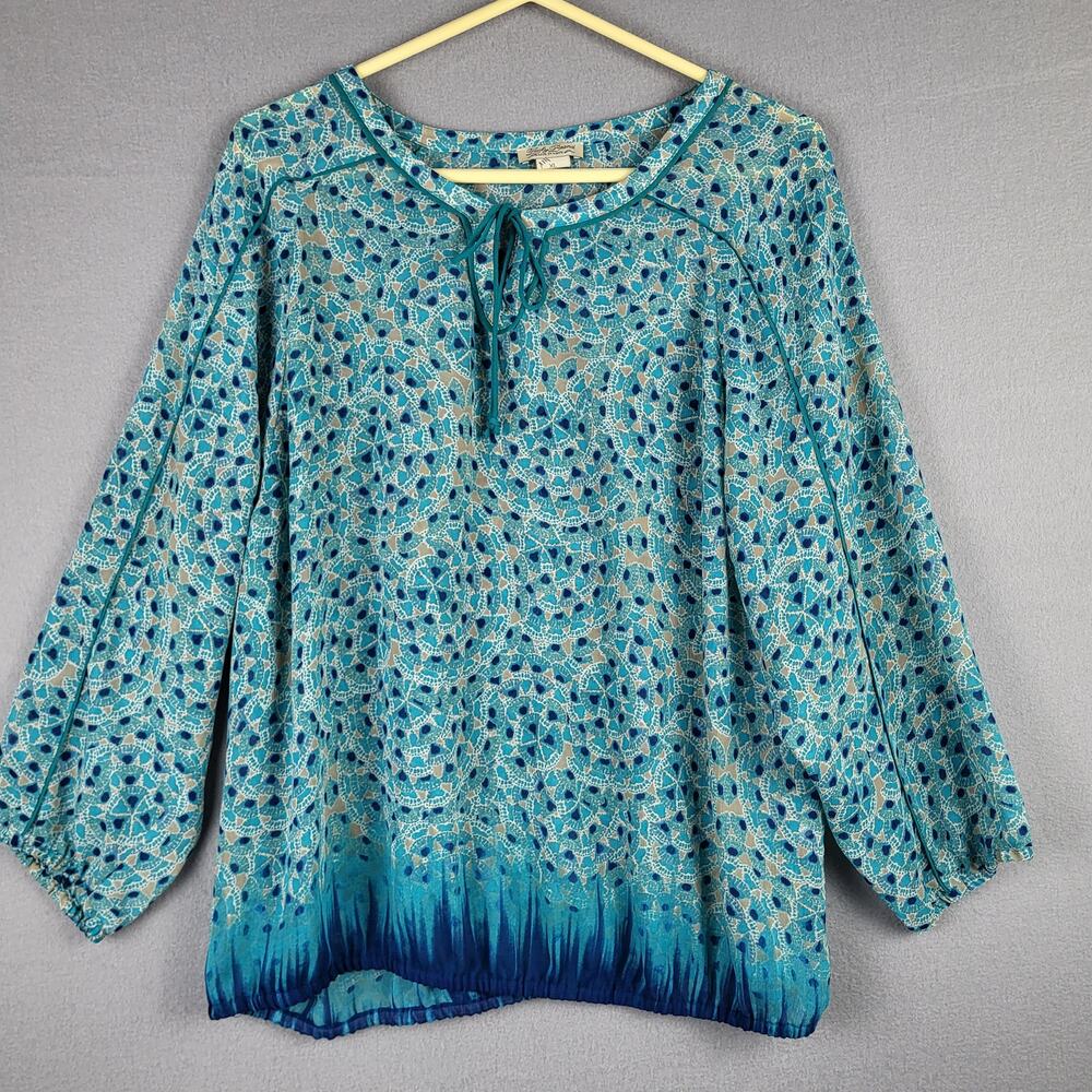 Y2K Lucky Brand Size Xl Flowy Peasant Blouse‎ Blue Colorful Mature Grannycore